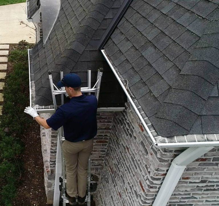 A Pressure Force employee on a ladder cleaning a gutter